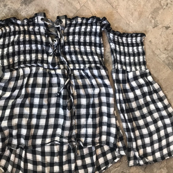 black and white checkered off the shoulder top